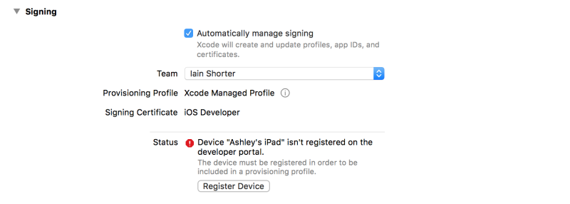 signing settings and device registration